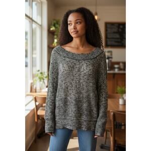 Free People Alana Sweater Off Shoulder Slouchy Boxy Black White Size Medium